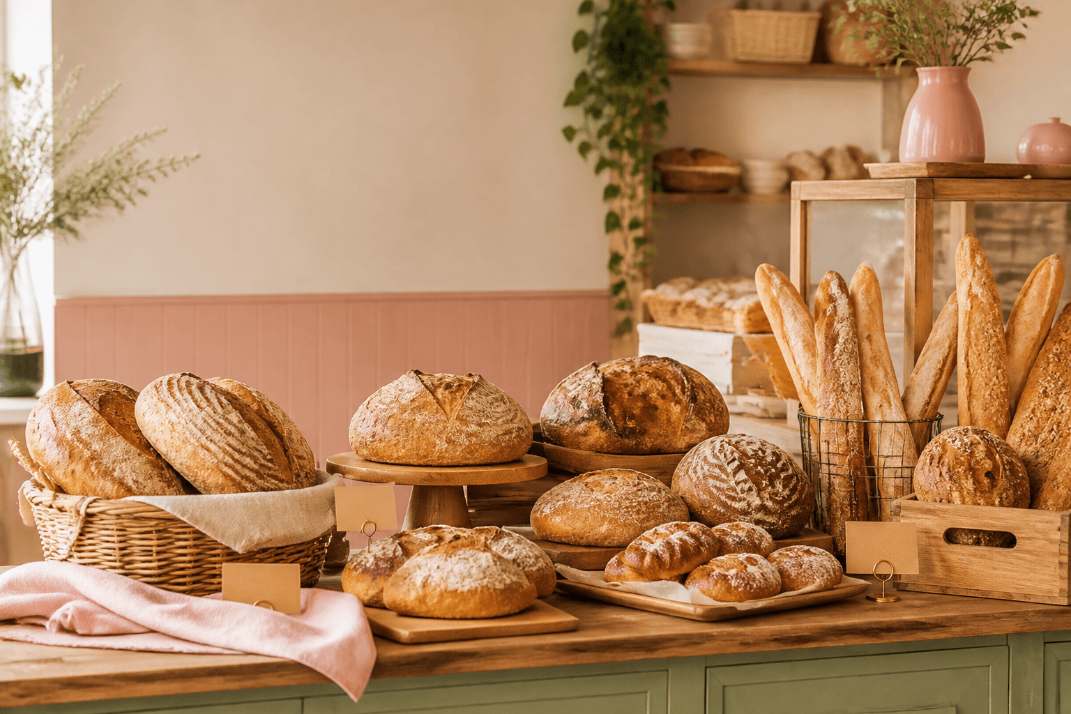 Fresh artisan breads on a cozy bakery counter